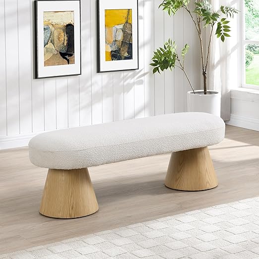 64" Oval Boucle Dining Bench Beige