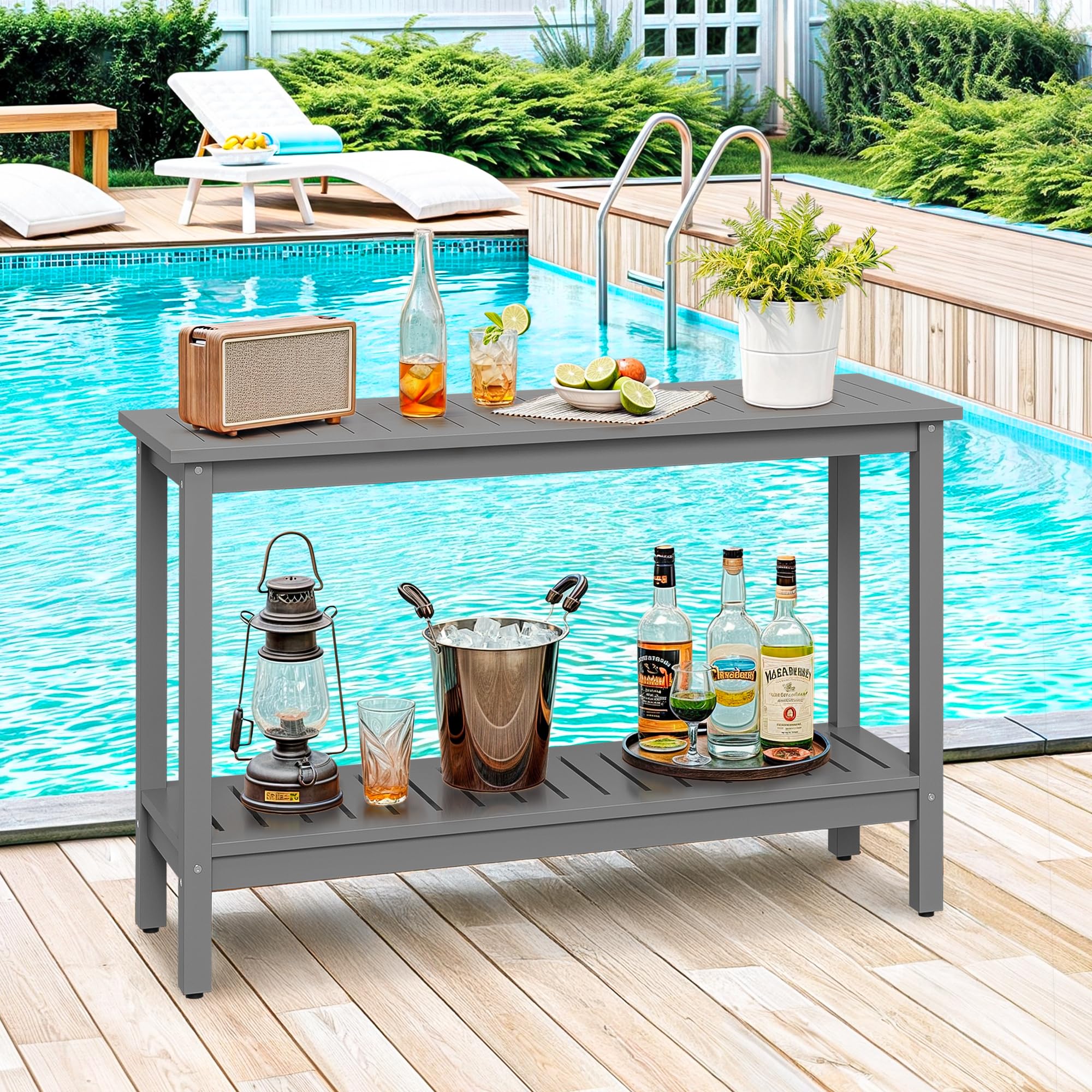 48 Inch Outdoor Console Table 2-Tier Solid Wood