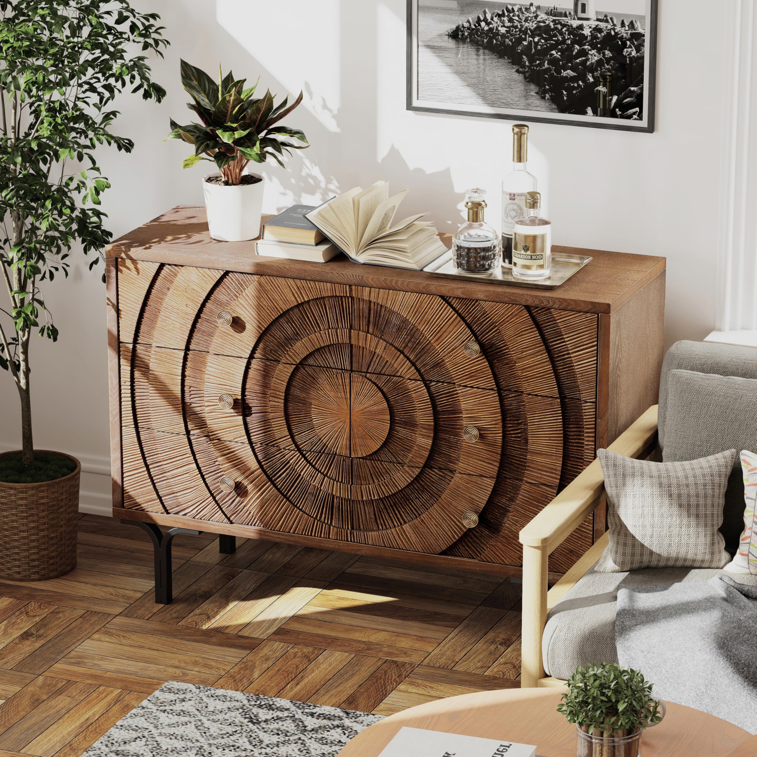 6-Drawer Farmhouse Dresser Circle Pattern Brown