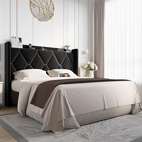 Queen Upholstered Platform Bed with Charging Station