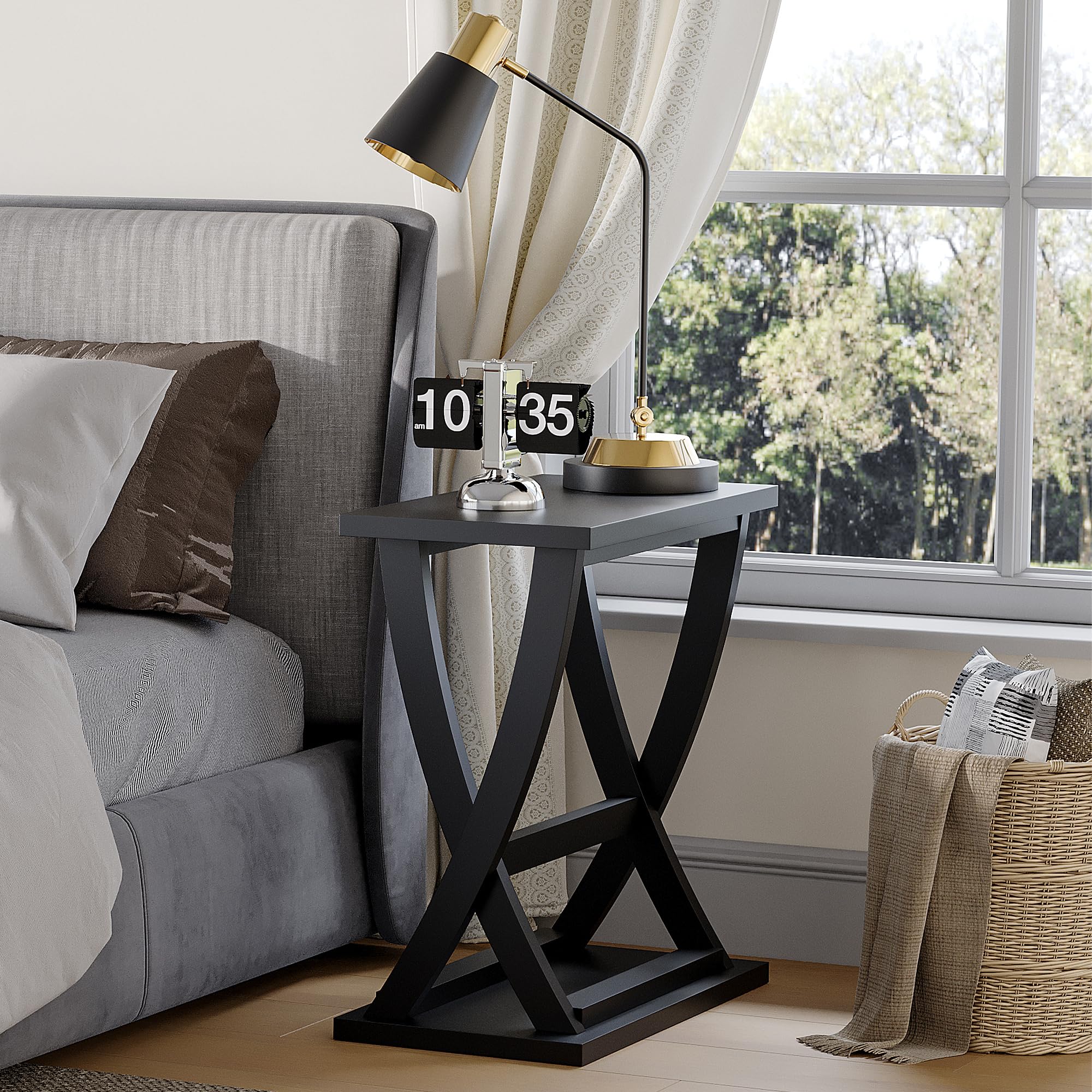 ChooChoo Black End Tables Set of 2, Narrow Side Table with Storage Shelf, Modern X-Design Slim Bedside Tables for Living Room, Bedroom, Small Spaces