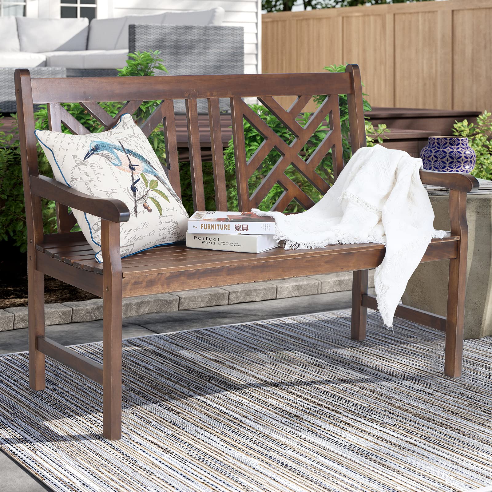 Outdoor Wood Bench 47" Weatherproof Patio Seating