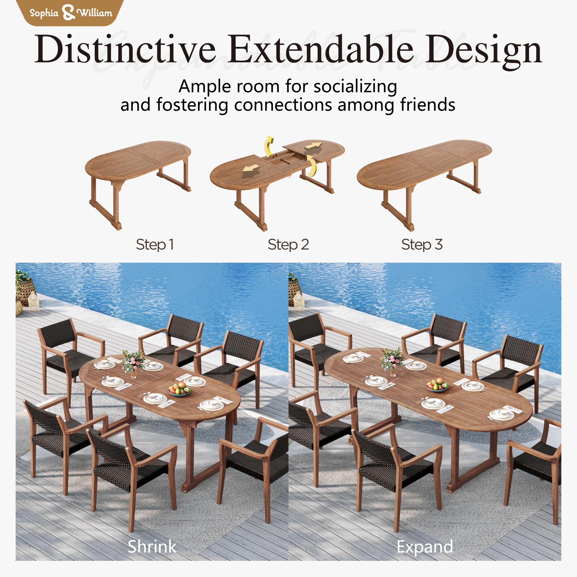 9-Piece Expandable Patio Dining Set with Acacia Wood Table and Rattan Chairs
