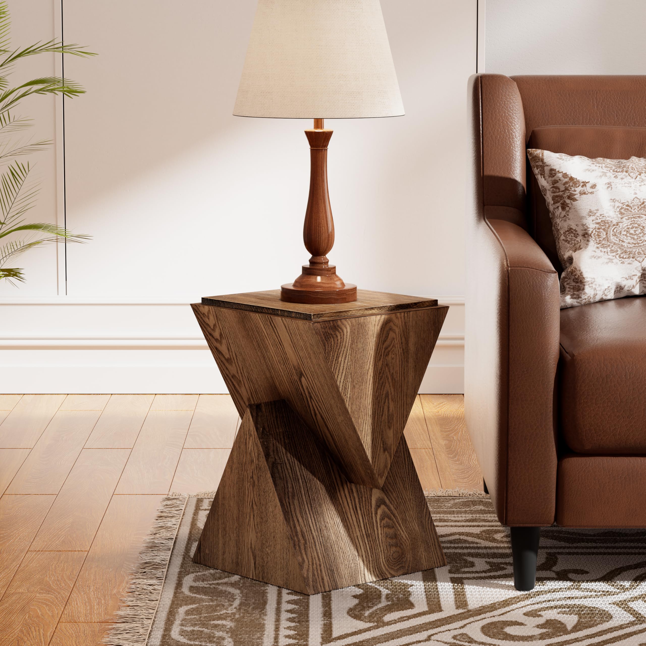 COZAYH Modern Geometric Wood Grain End Table with Structural Design, Farmhouse Side Table with Sculptural Pedestal Base for Living Room, Bedroom, Office, Fully Assembled (Natural)