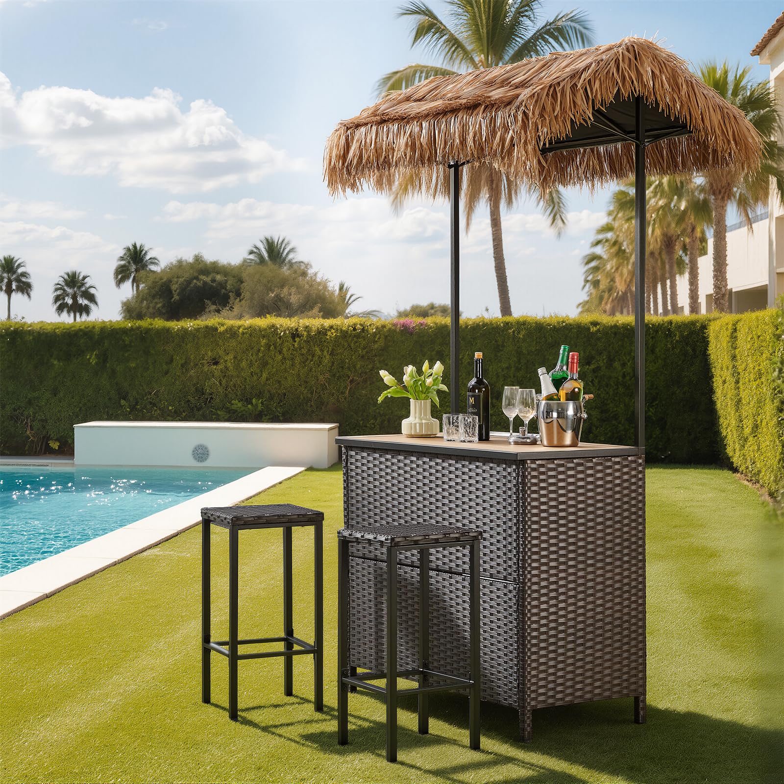 Outdoor Tiki Bar Set with Palapa Top - 3 Piece Wicker Patio Set
