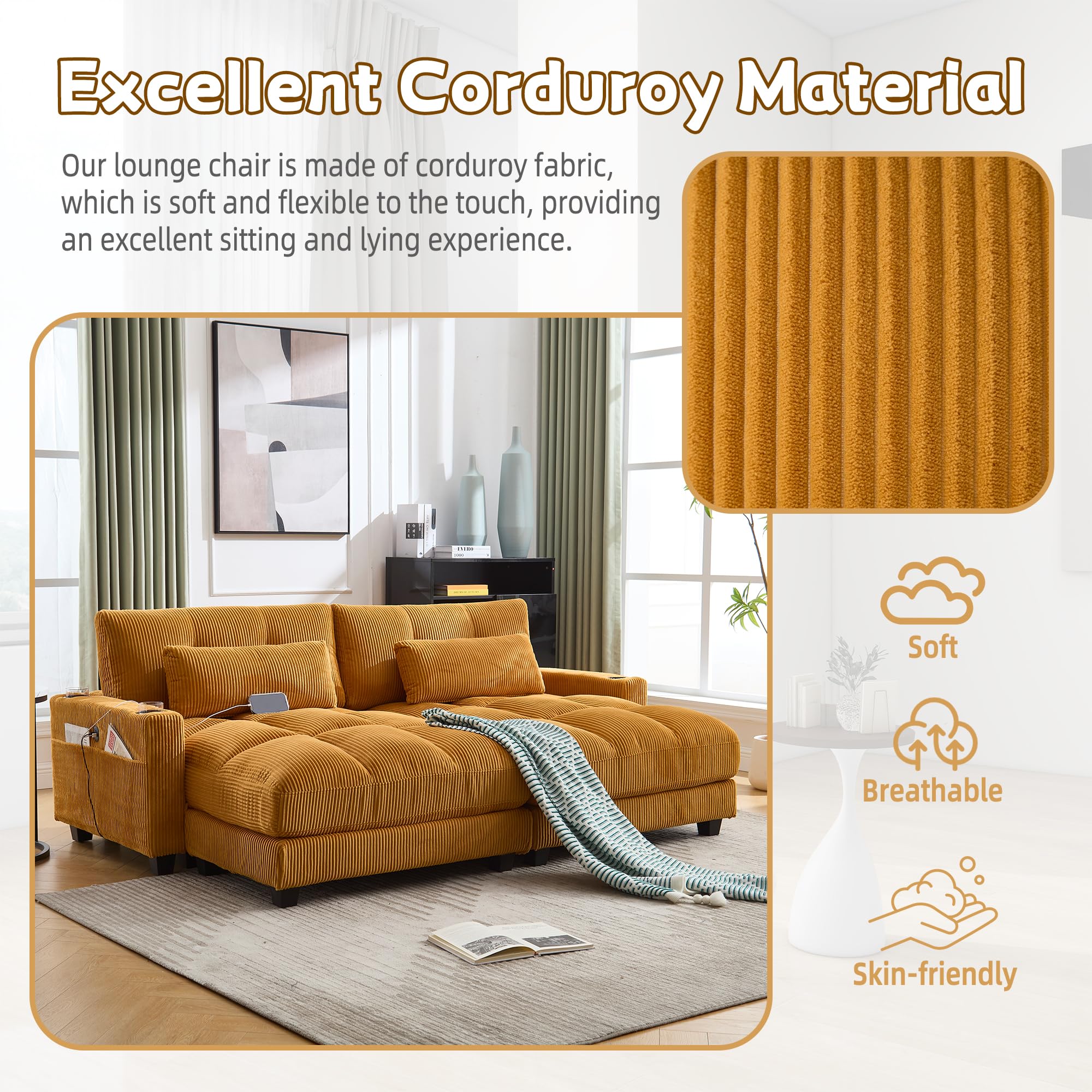 Oversized Double Chaise Lounge Cloud Couch with USB & Cup Holders