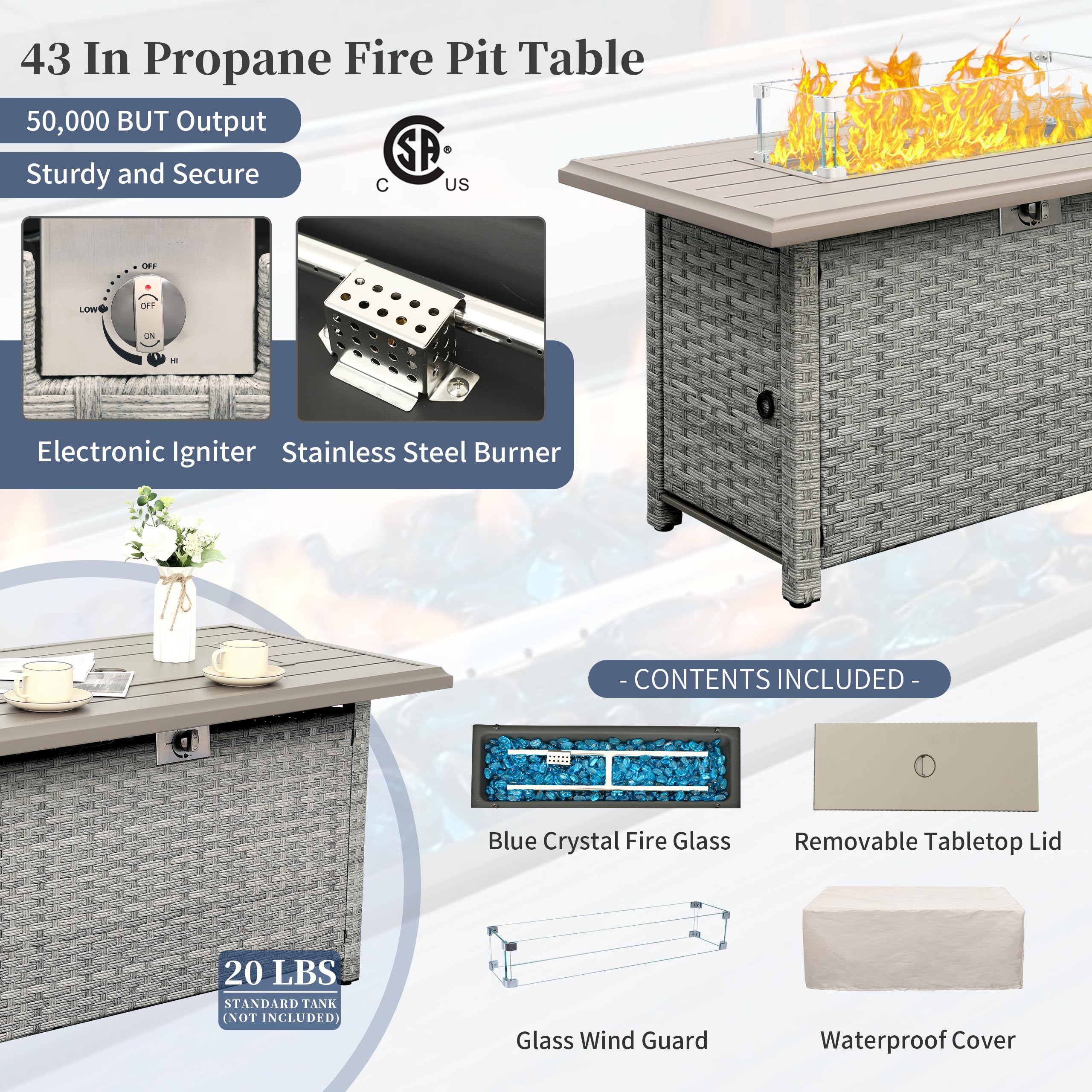 5-Piece Outdoor Sectional Sofa Set with Fire Pit Table