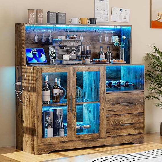 RGB LED Bar Cabinet with Wine Rack