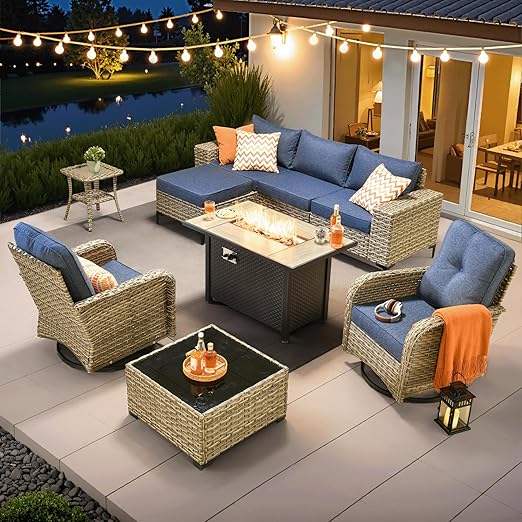 9-Piece Outdoor Patio Sectional Sofa Set with Fire Pit Table
