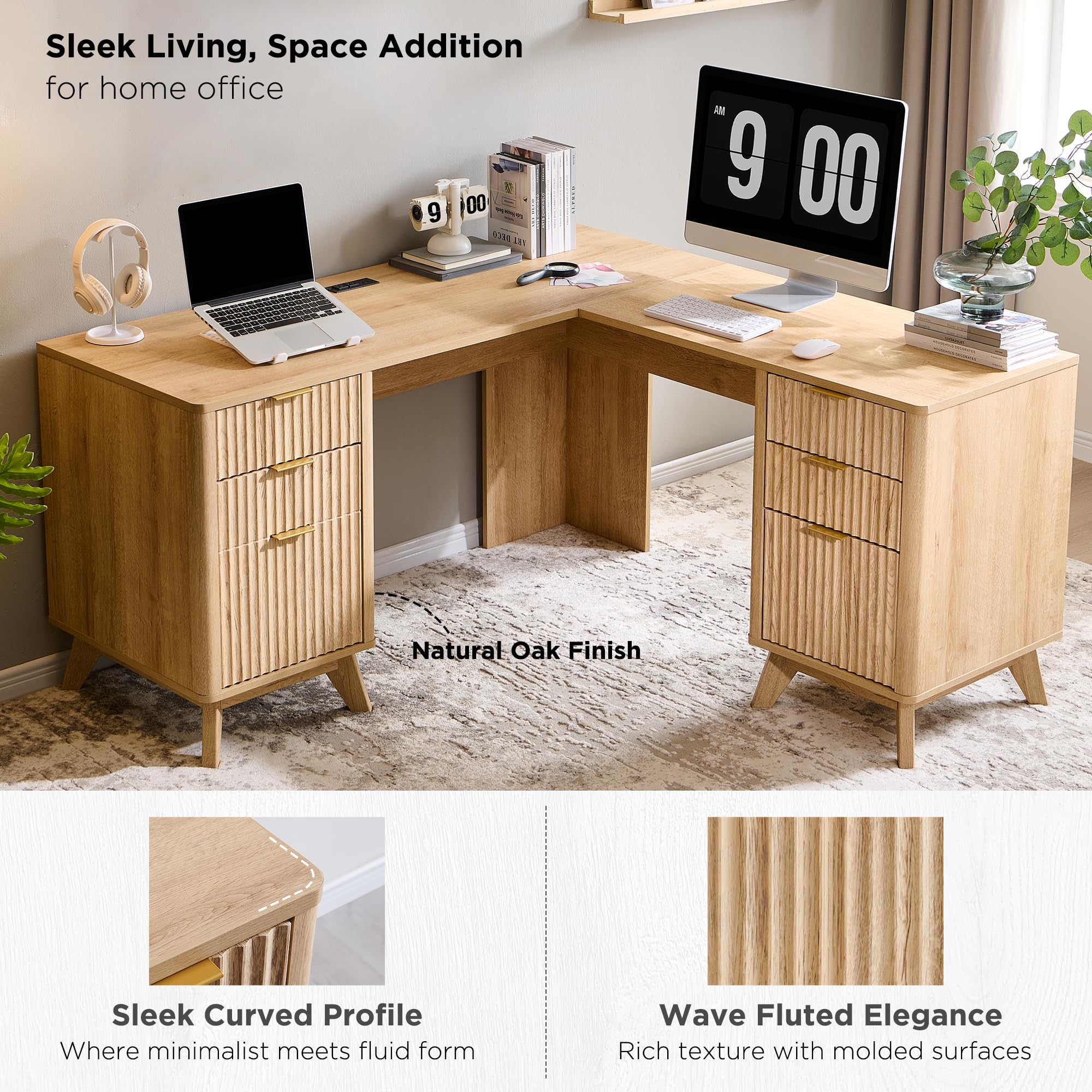 L-Shaped Executive Desk with Charging Station - 60 Inch Natural Oak