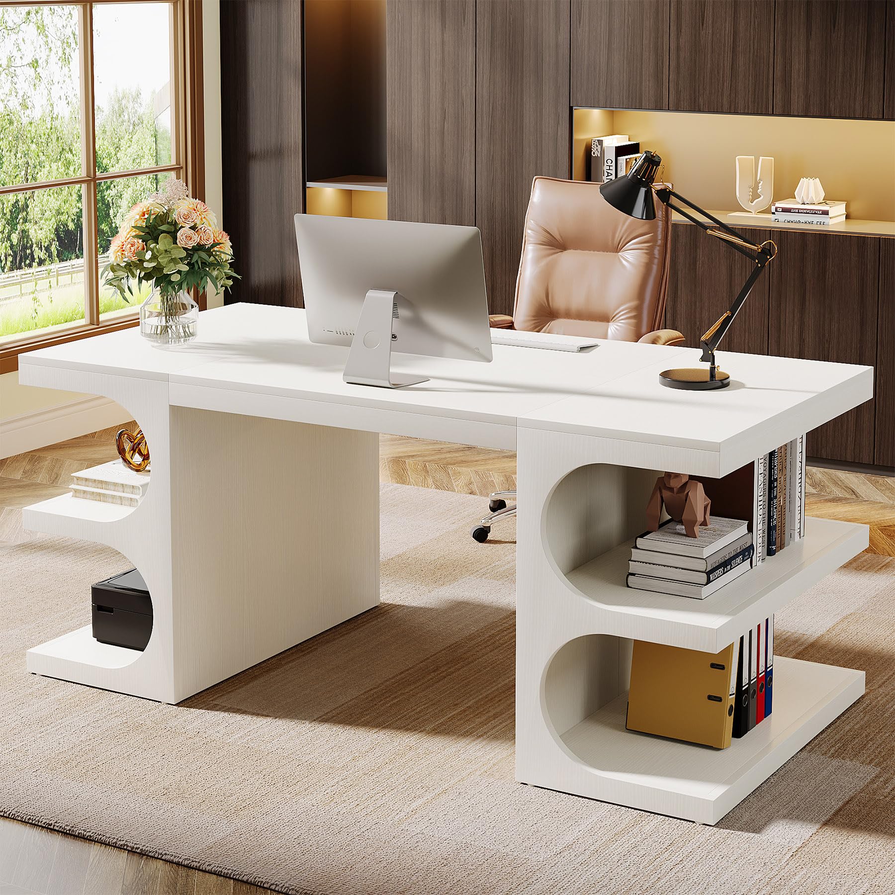 Modern Executive Office Desk 63-Inch with Storage Shelves