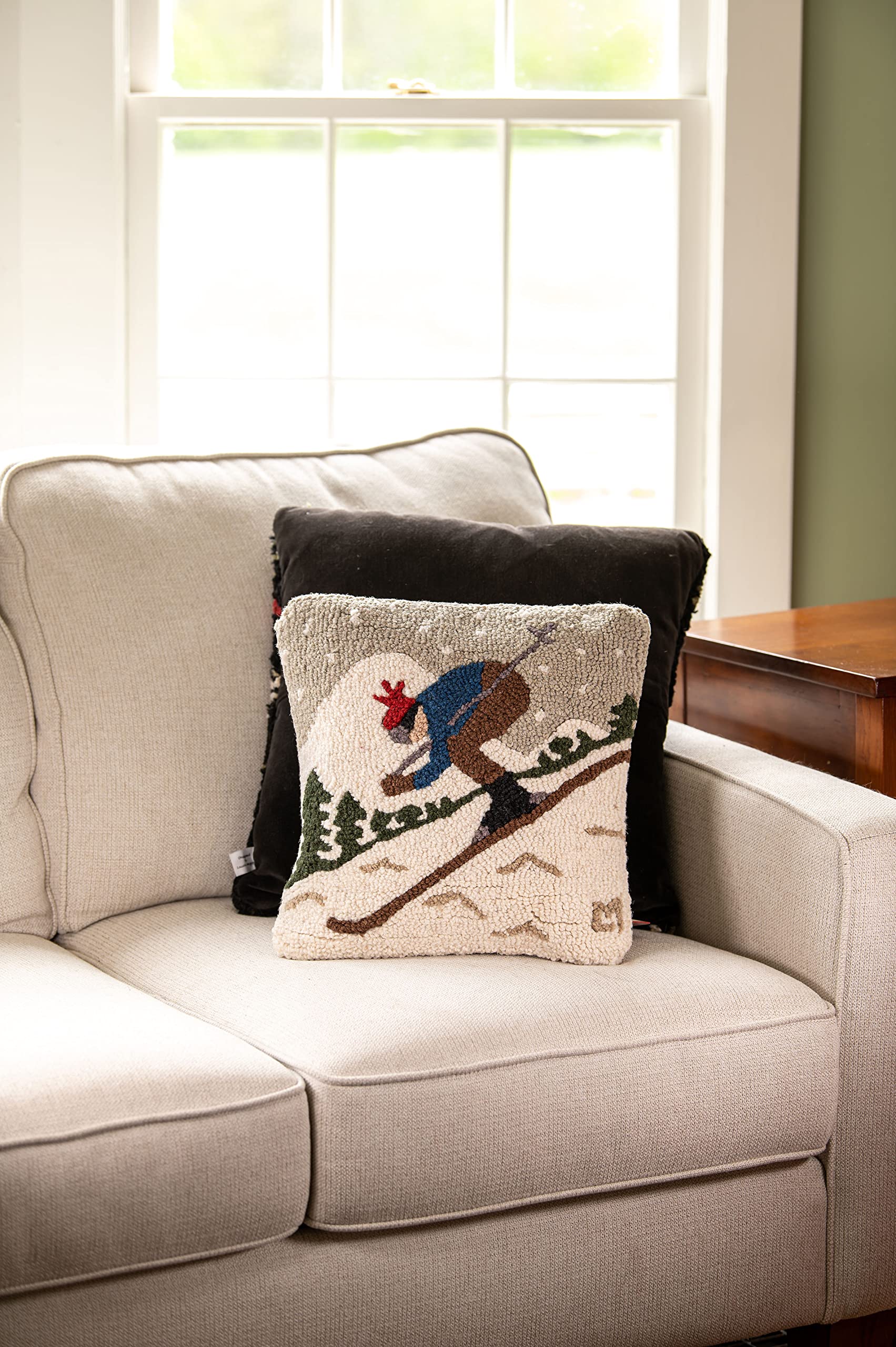 Downhill Skier Hand-Hooked Wool Throw Pillow 14x14