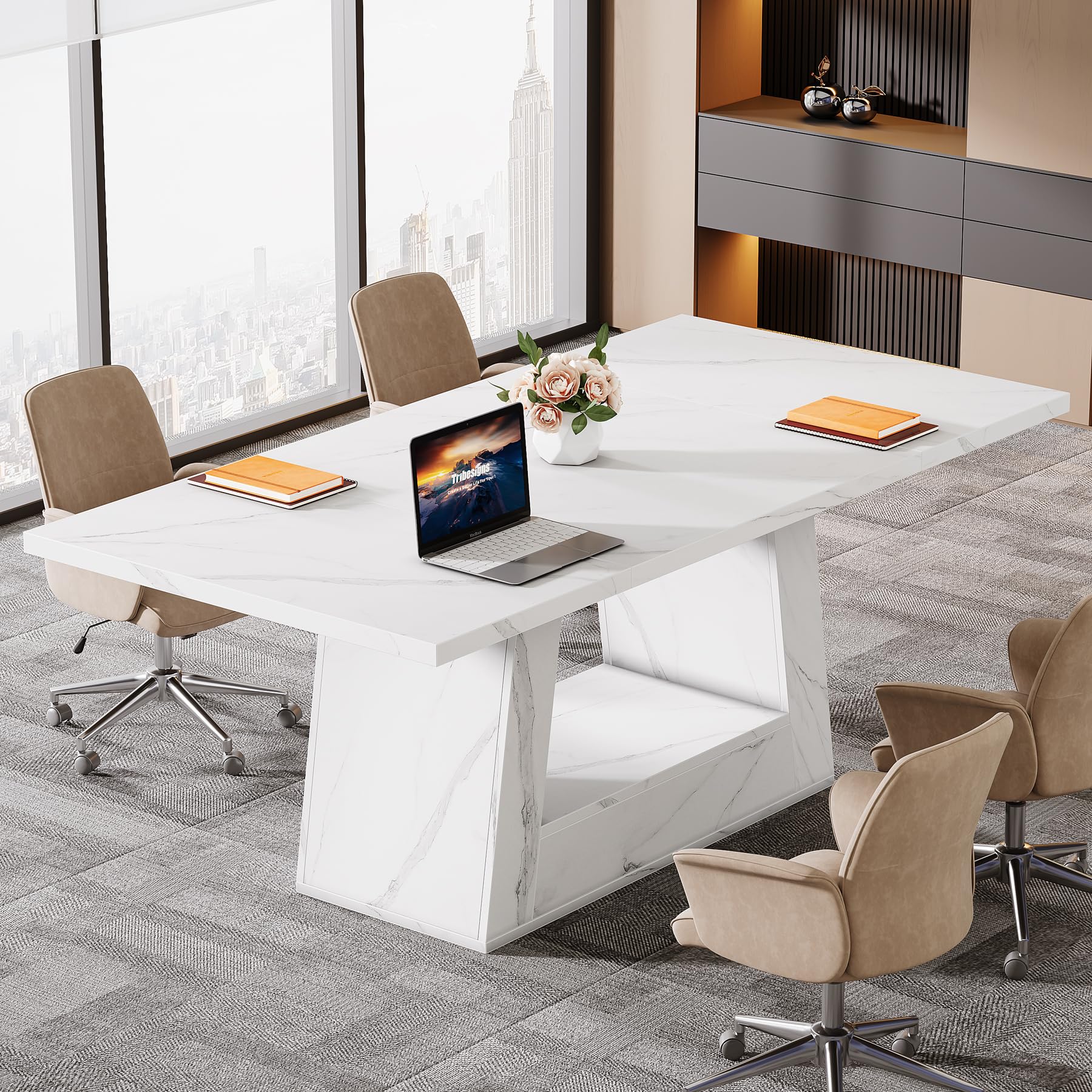 63-Inch Modern Computer Desk with Faux Marble Top