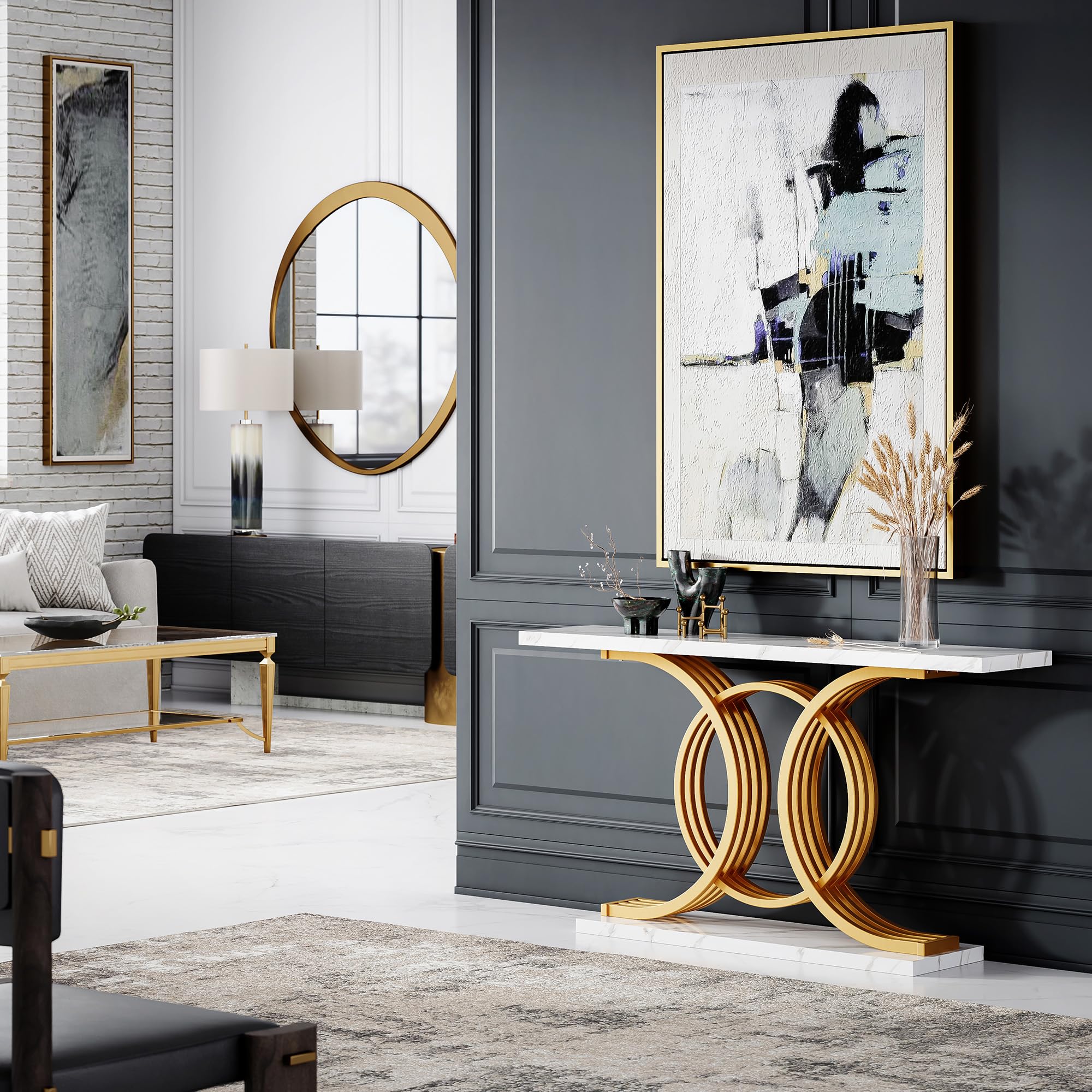 55 Inch Gold Entryway Console Table with Faux Marble Top