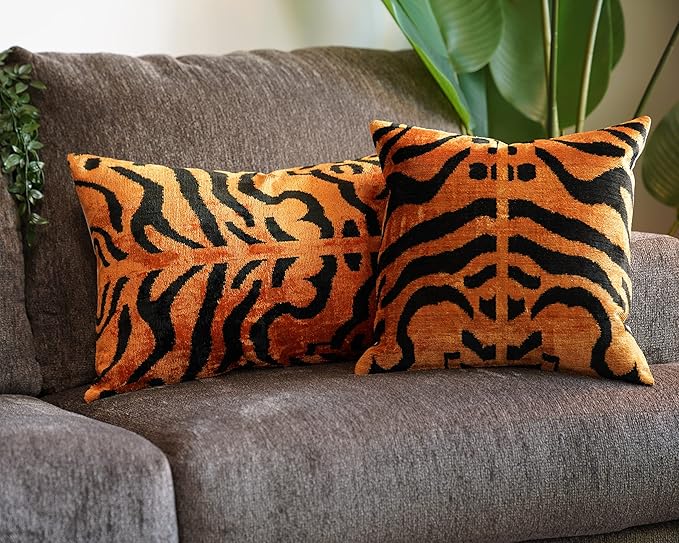 Handmade Velvet Throw Pillow 16x24 Tiger Print with Down Feather Insert