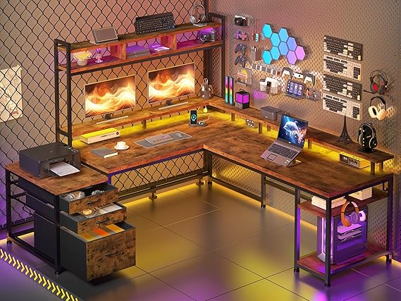 L-Shaped Gaming Desk with Hutch and LED Lights