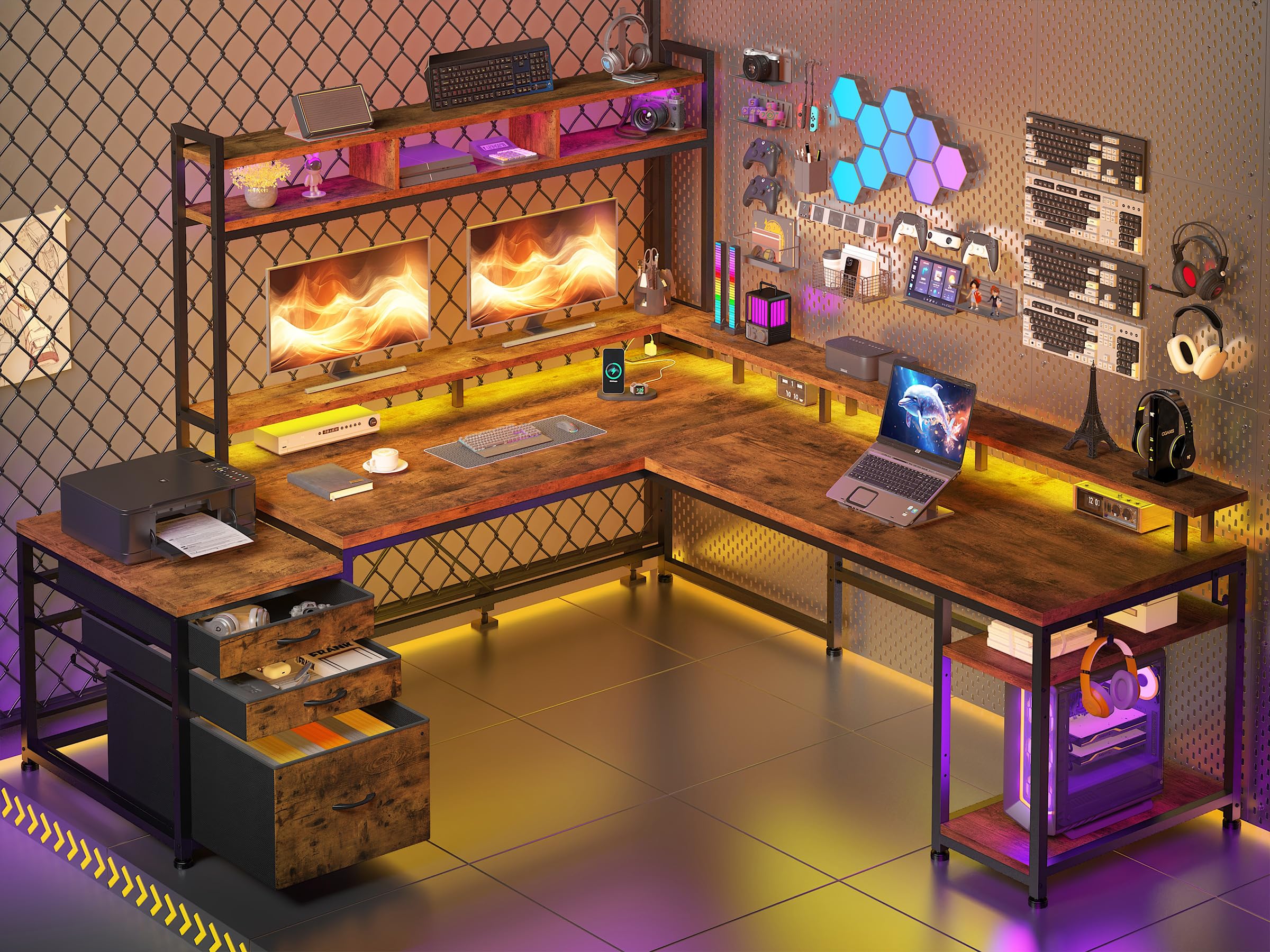 L-Shaped Gaming Desk with Hutch and LED Lights