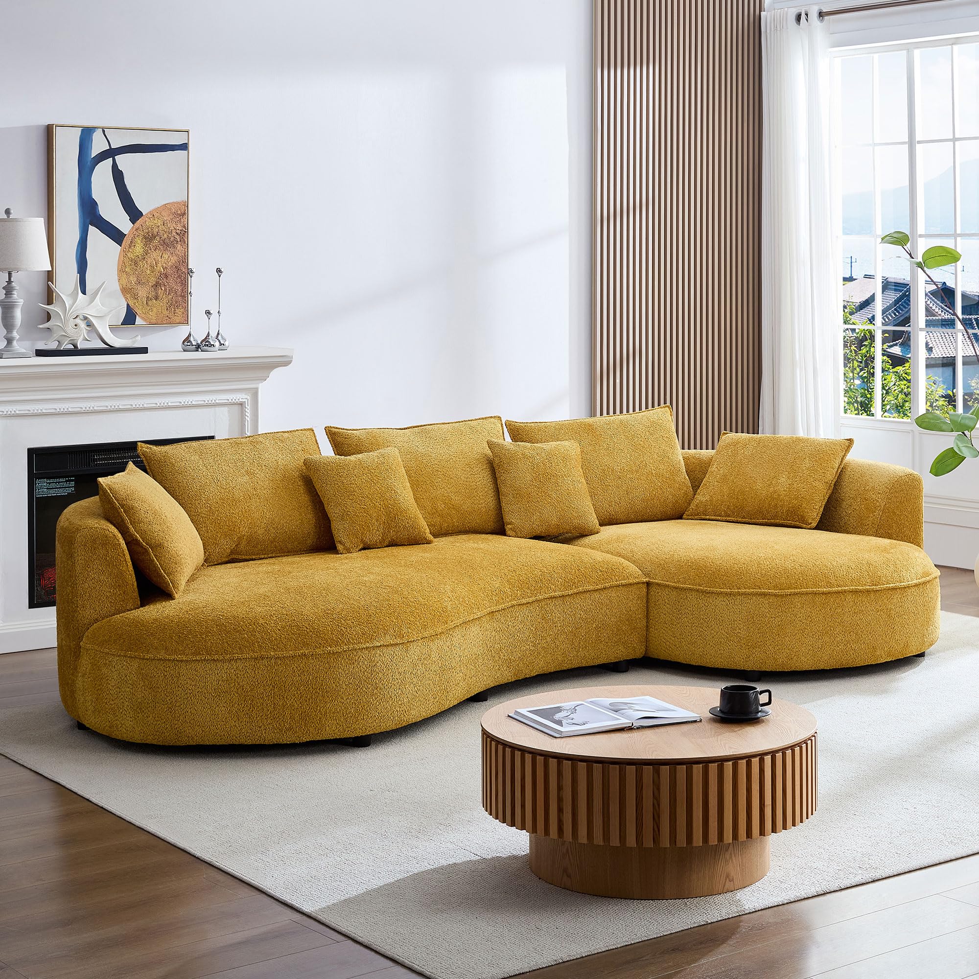 KEIKI 125" Luxury Curved Boucle Sectional Sofa with Right Chaise, Upholstered Modern Style Oversized 5-Seater Couch with Thickened Seat Cushions, Easy Assembly, for Apartment, Living Room, Yellow