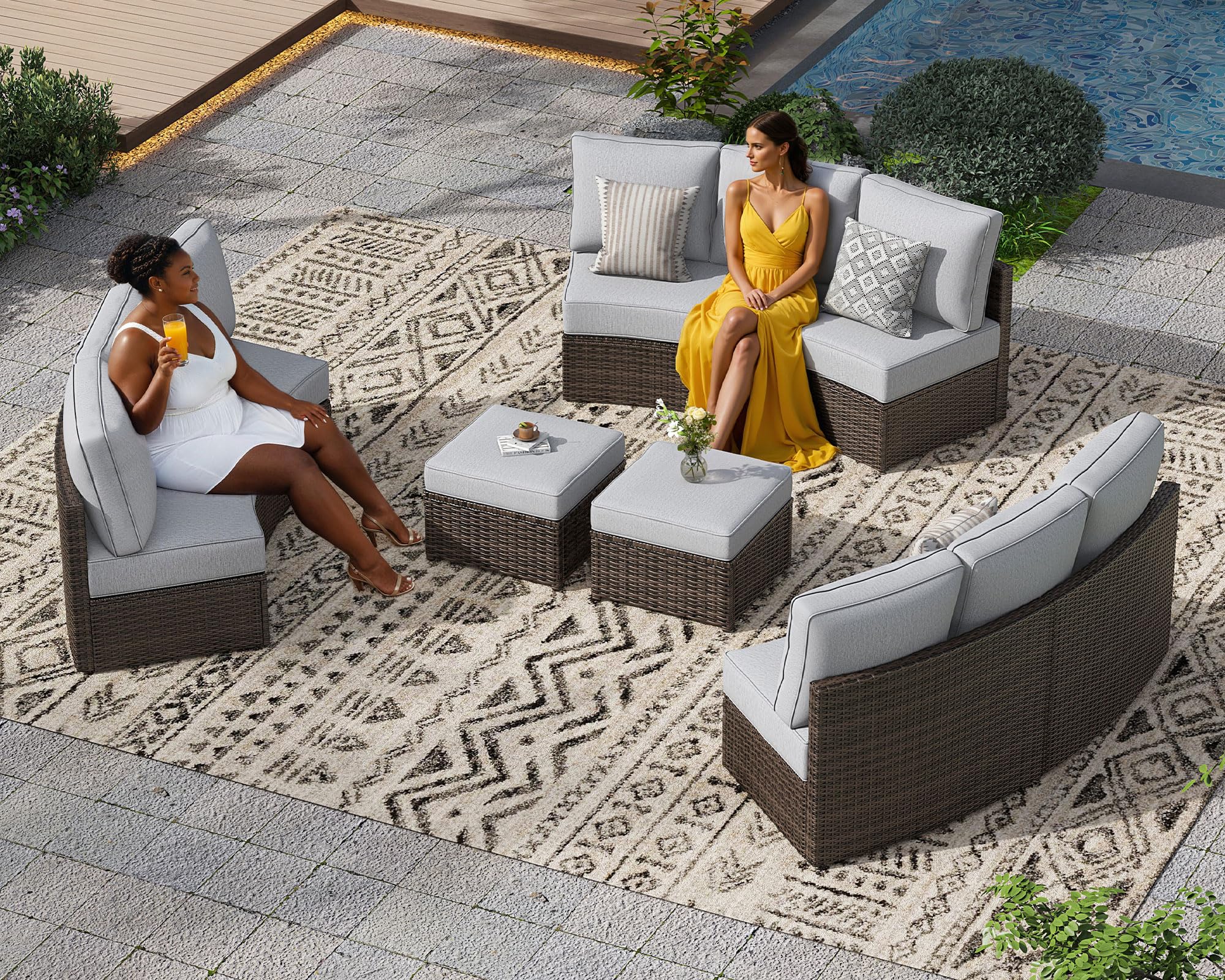 11 Piece Half Moon Outdoor Patio Furniture Set with Cushions and Ottoman