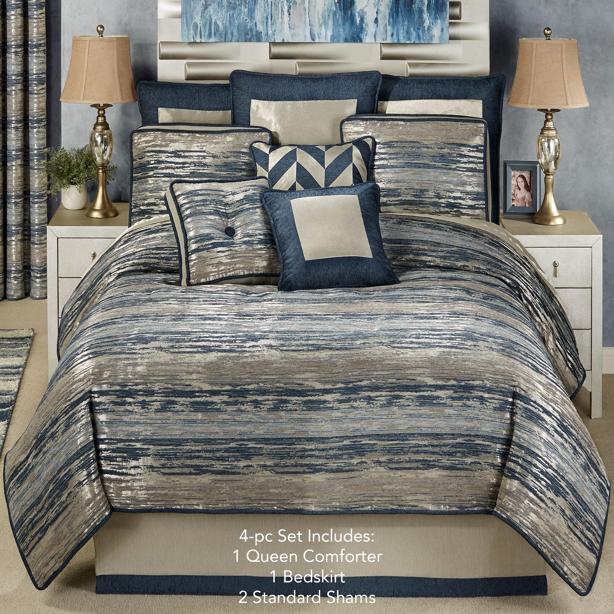 Spellbound Queen Comforter Set - Indigo Metallic Abstract Stripe