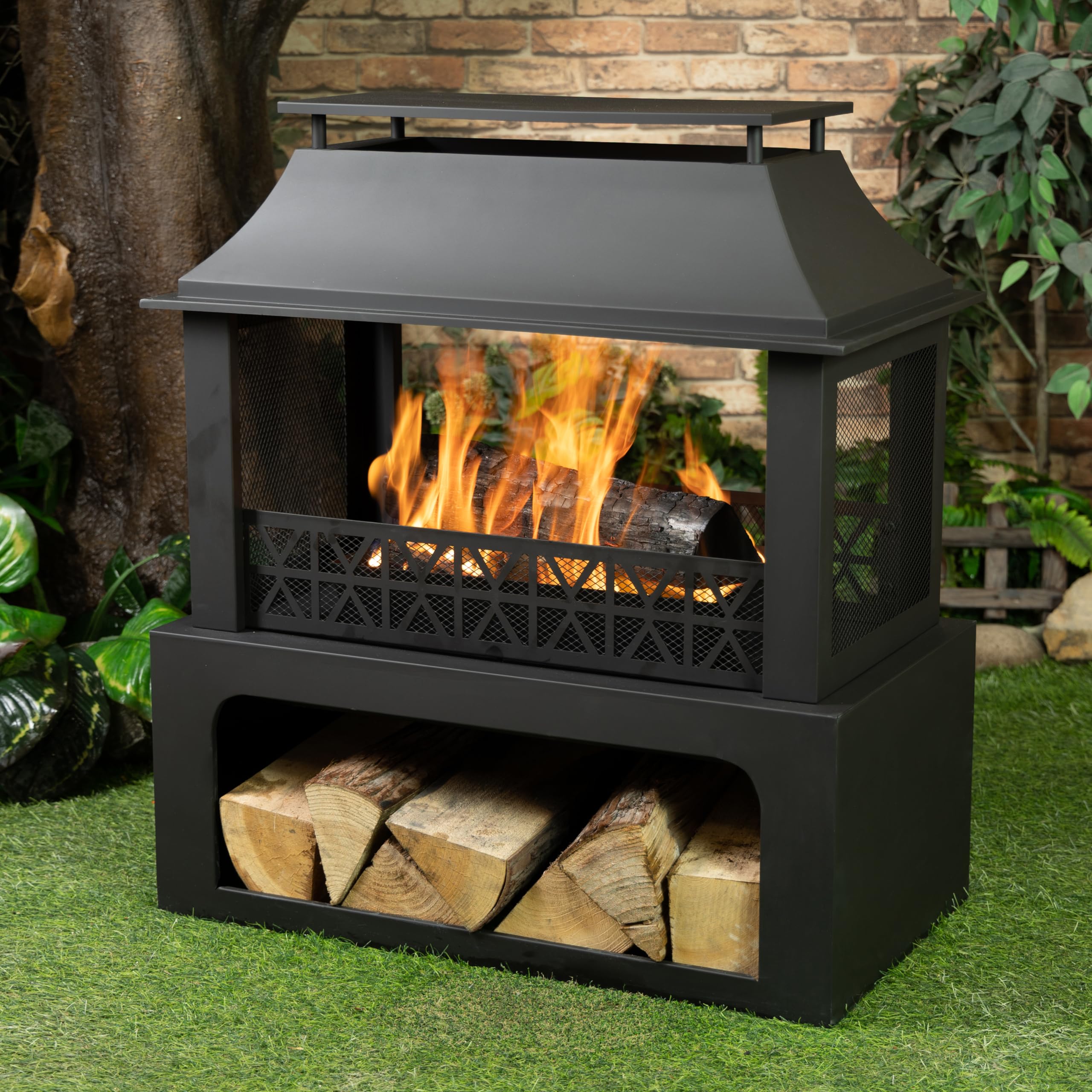 Outdoor Wood Burning Fireplace with Log Storage