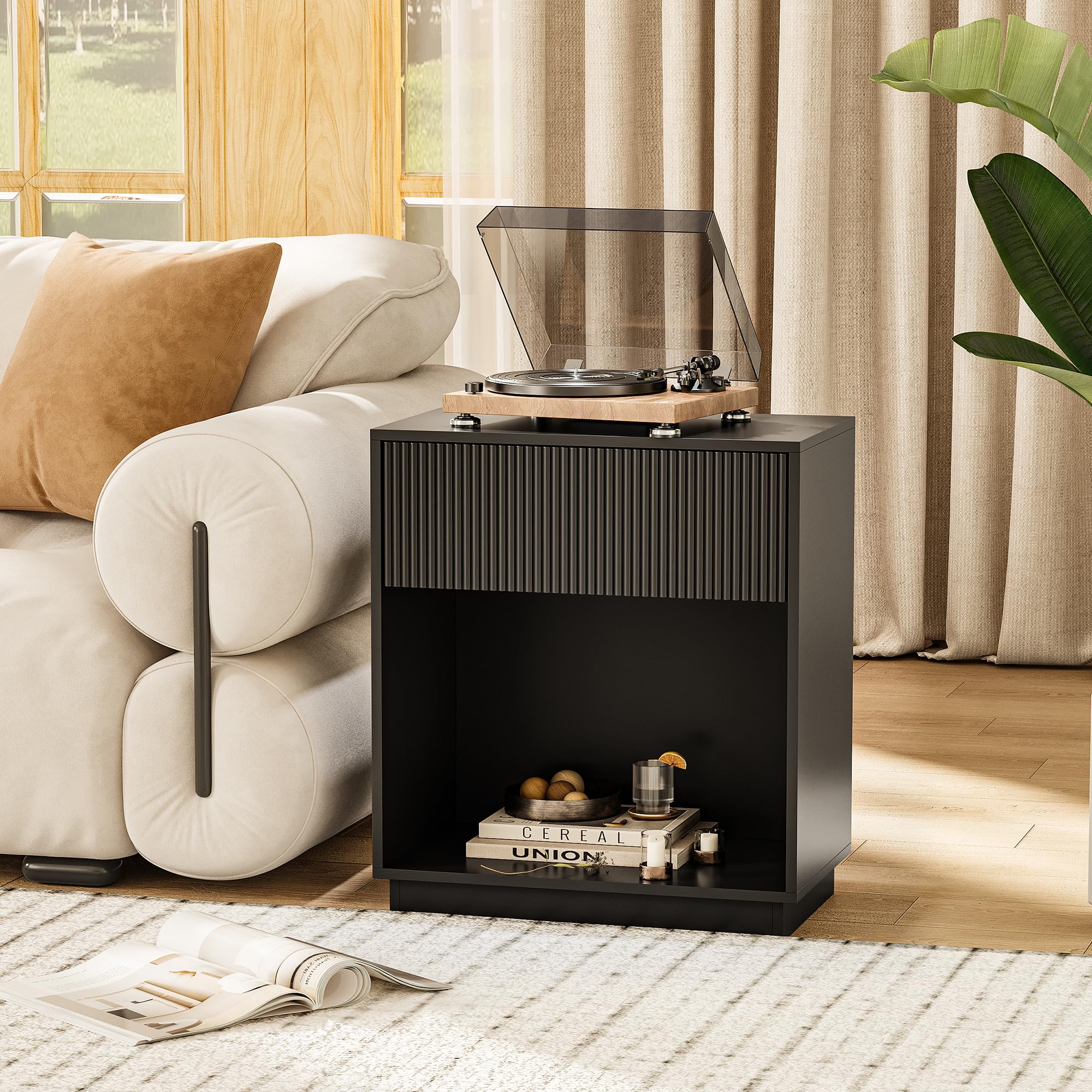 Fluted Nightstands Set of 2 with Drawer and Storage Shelf