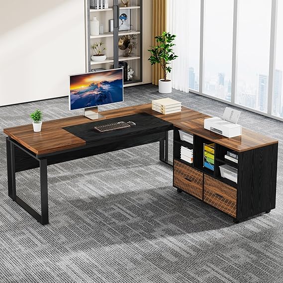 L-Shaped Executive Desk with Reversible File Cabinet 63 Inch