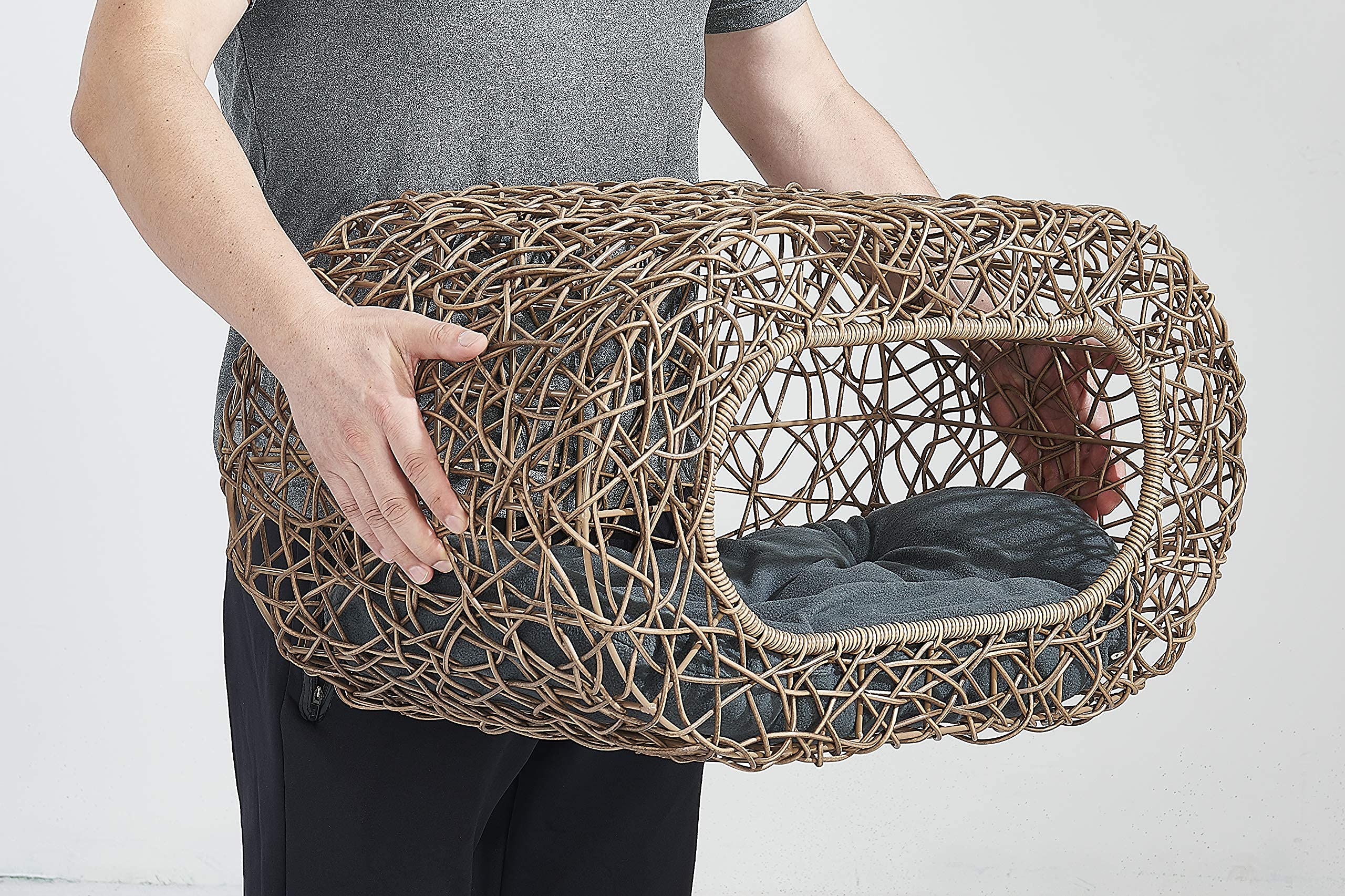 Wicker Cat House with Cushion and Scratch Pad