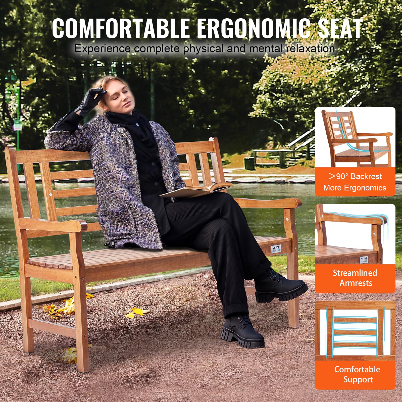 48-Inch Wood Outdoor Garden Bench with Backrest and Armrests