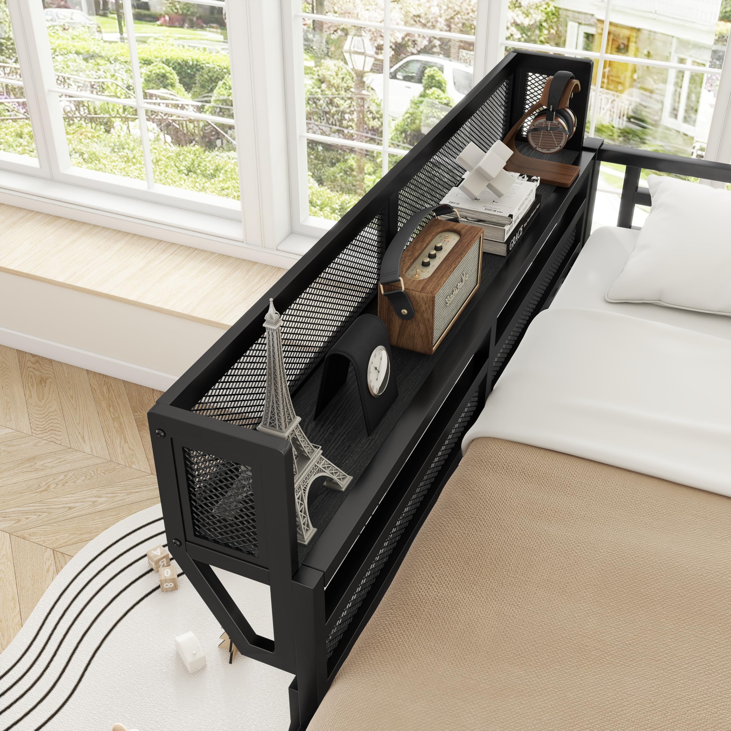 Full Size Metal Loft Bed Frame with Ladder and Storage Shelves