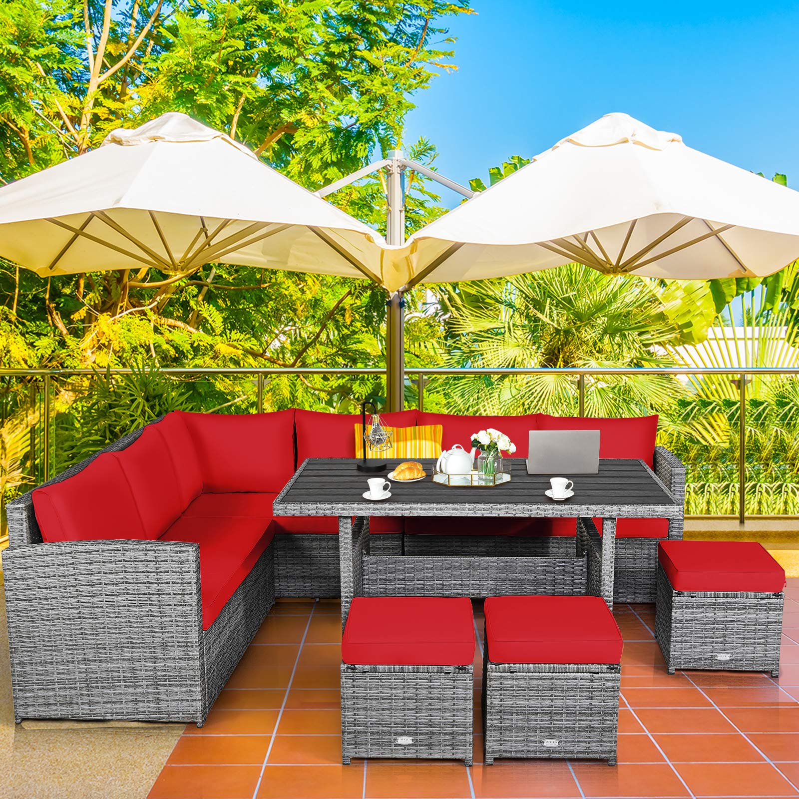 7-Piece Outdoor Rattan Sectional Sofa Set with Cushions