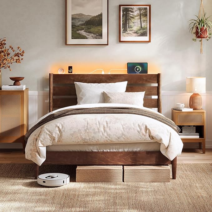 Full Bed Frame with Headboard, LED Lights & Charging Station