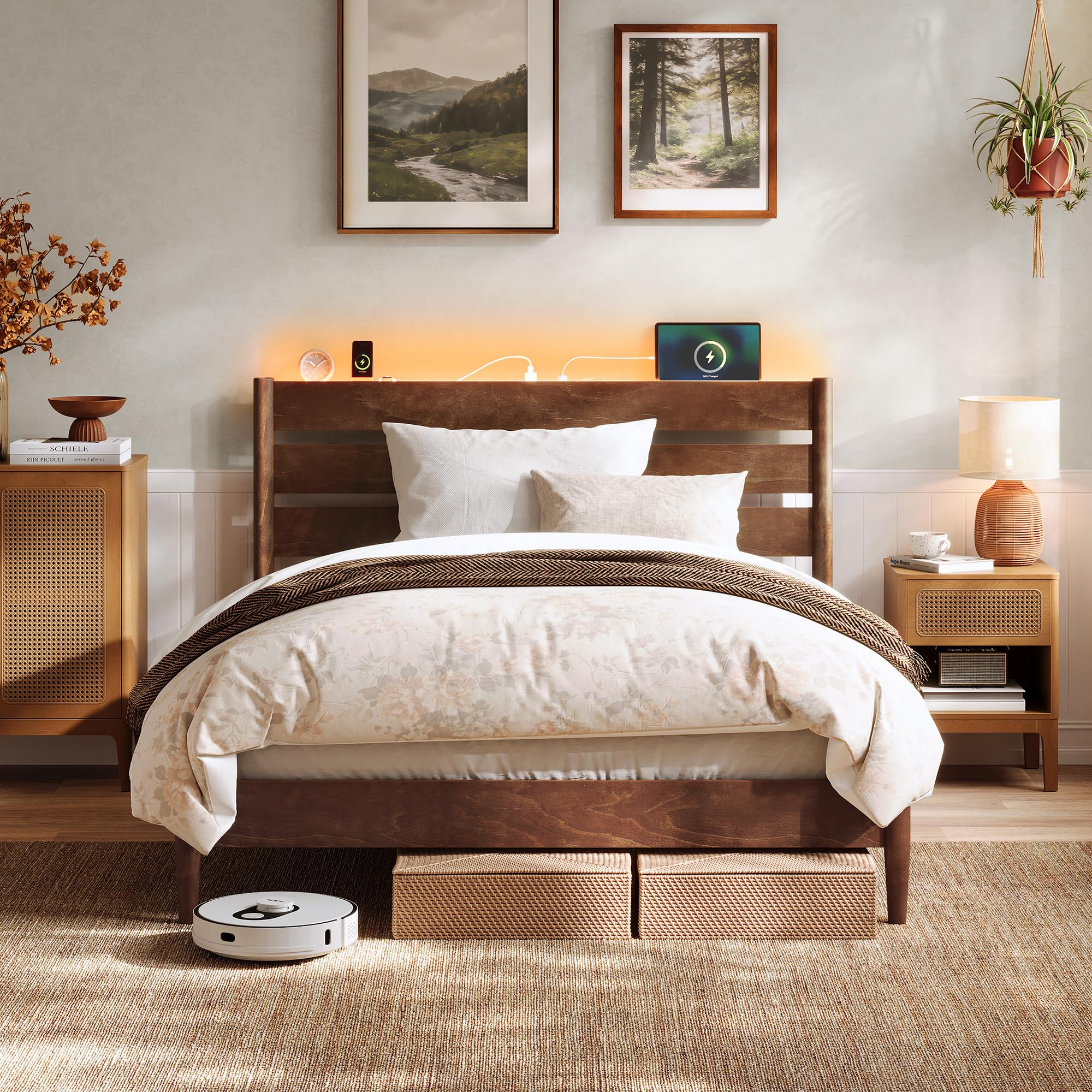 Full Bed Frame with Headboard, LED Lights & Charging Station