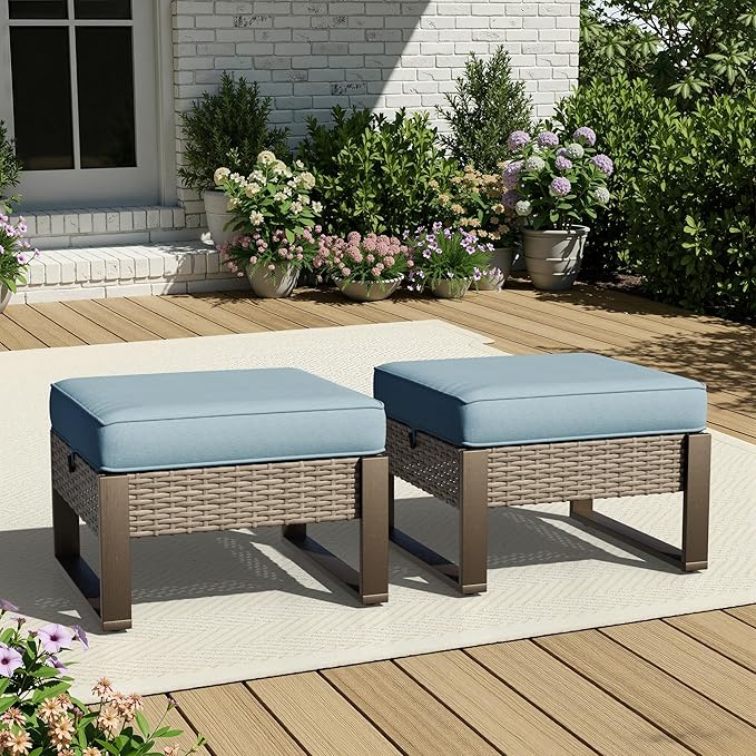 Outdoor Patio PE Rattan Ottomans with Removable Cushions
