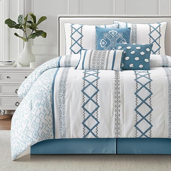 Blue Queen Comforter Set 7-Piece Geometric Embroidered Bedding