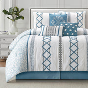 Blue Queen Comforter Set 7-Piece Geometric Embroidered Bedding