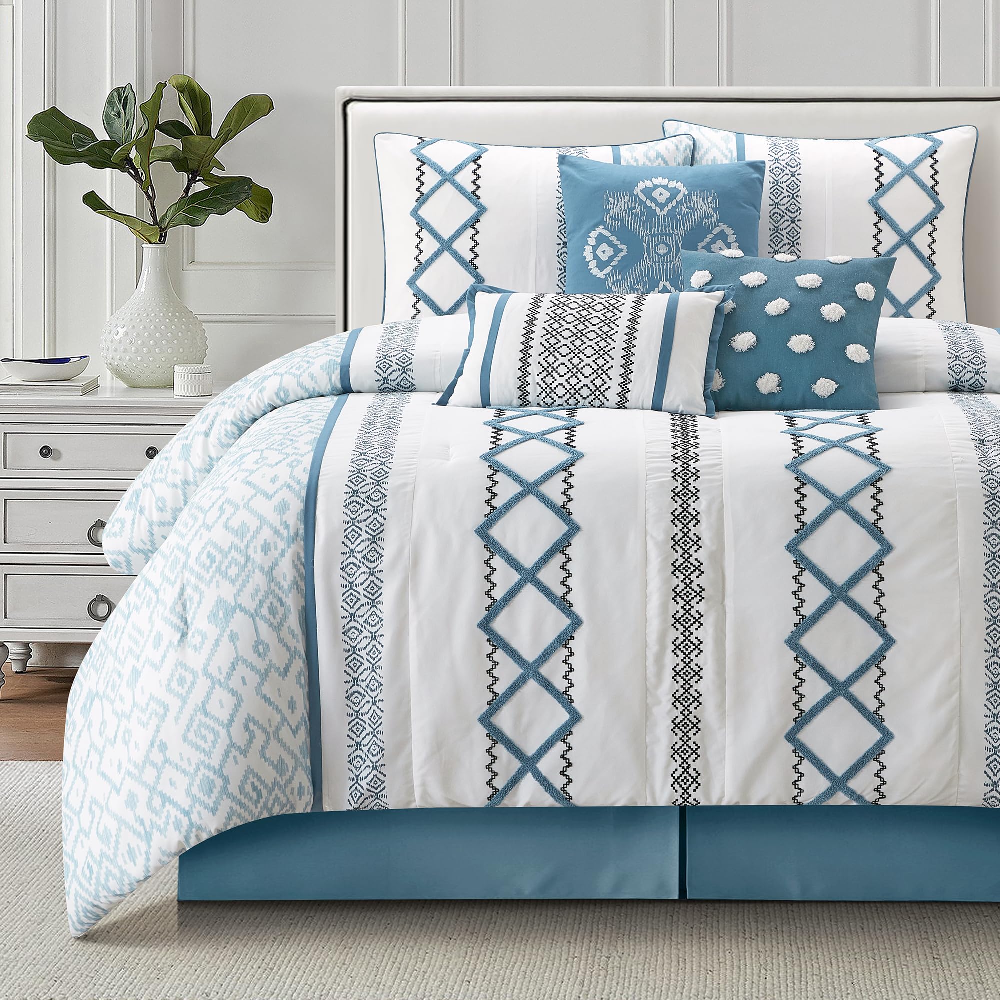 Blue Queen Comforter Set 7-Piece Geometric Embroidered Bedding