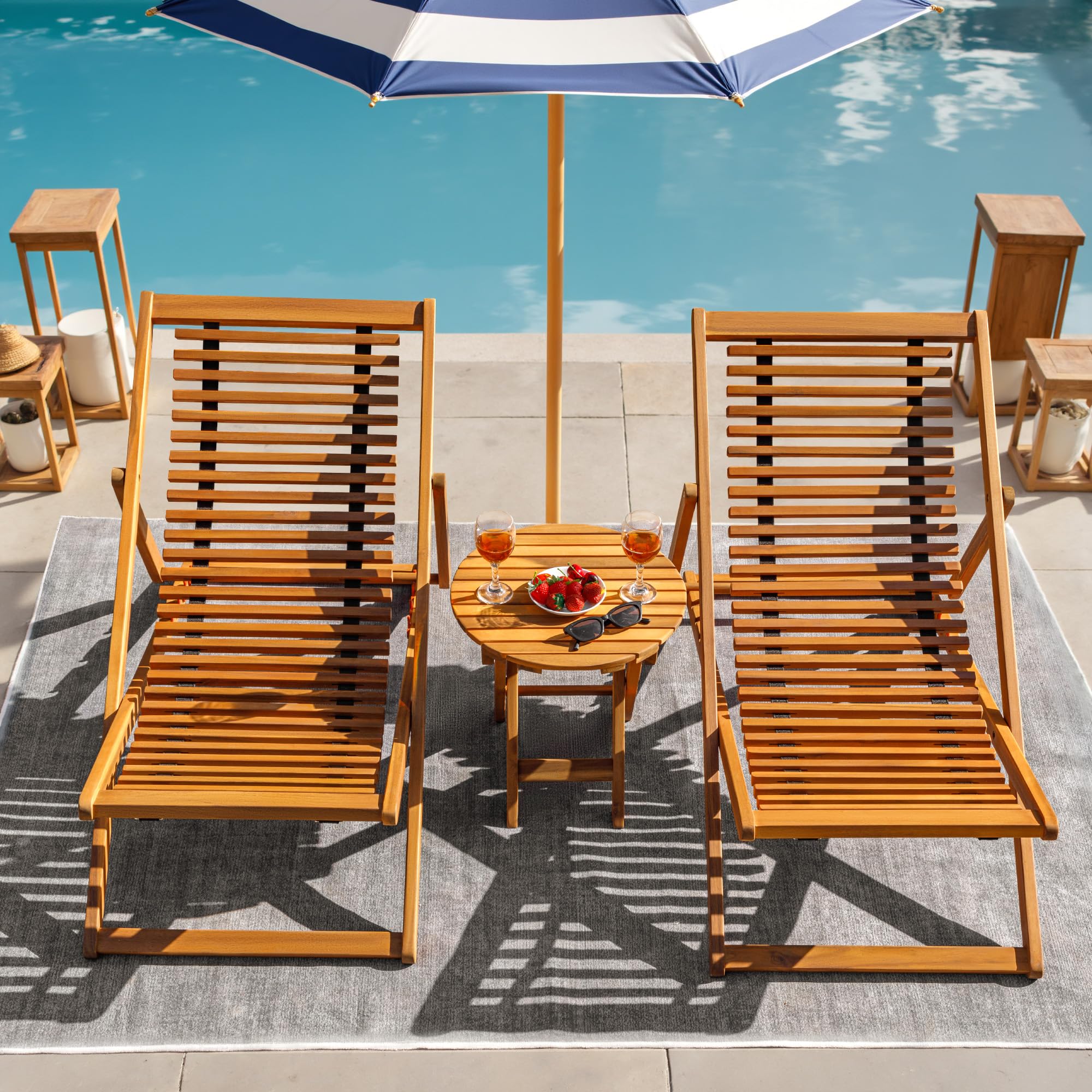 3-Piece Acacia Wood Patio Chaise Lounge Set