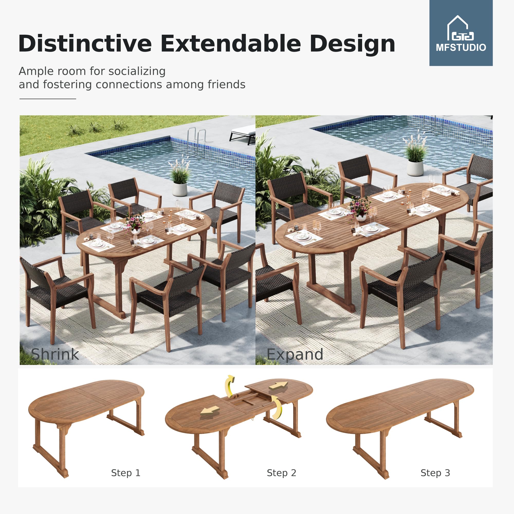 9-Piece Outdoor Teak Wood Dining Set for 8
