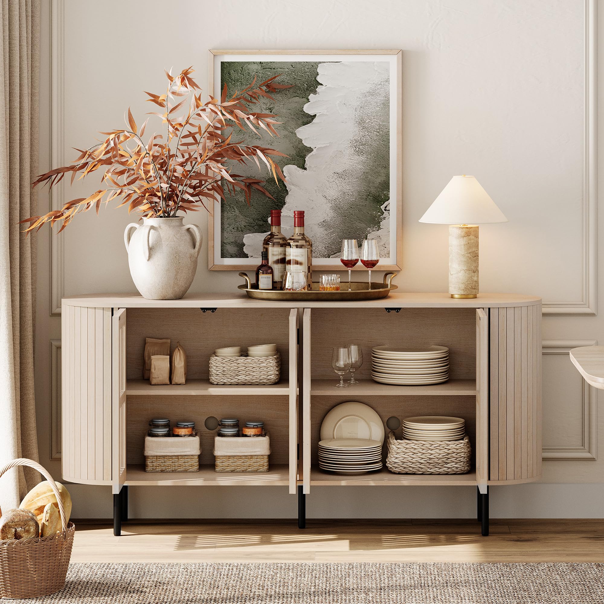 Fluted Sideboard Buffet Cabinet with 4 Doors
