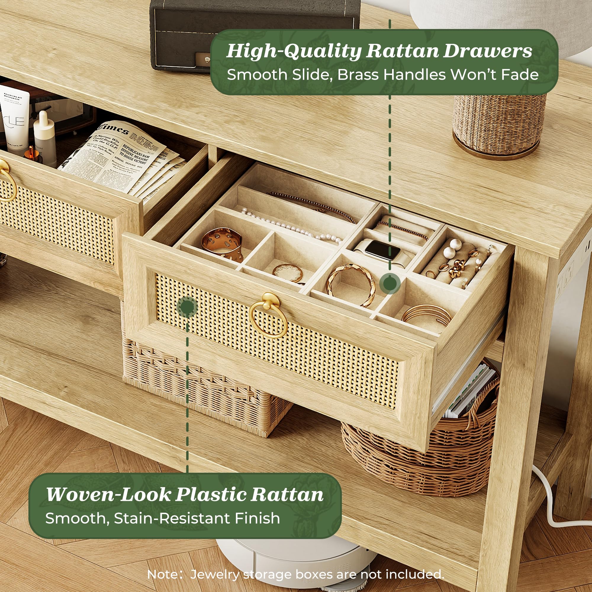 Rattan Console Table with Outlets and USB-C Port