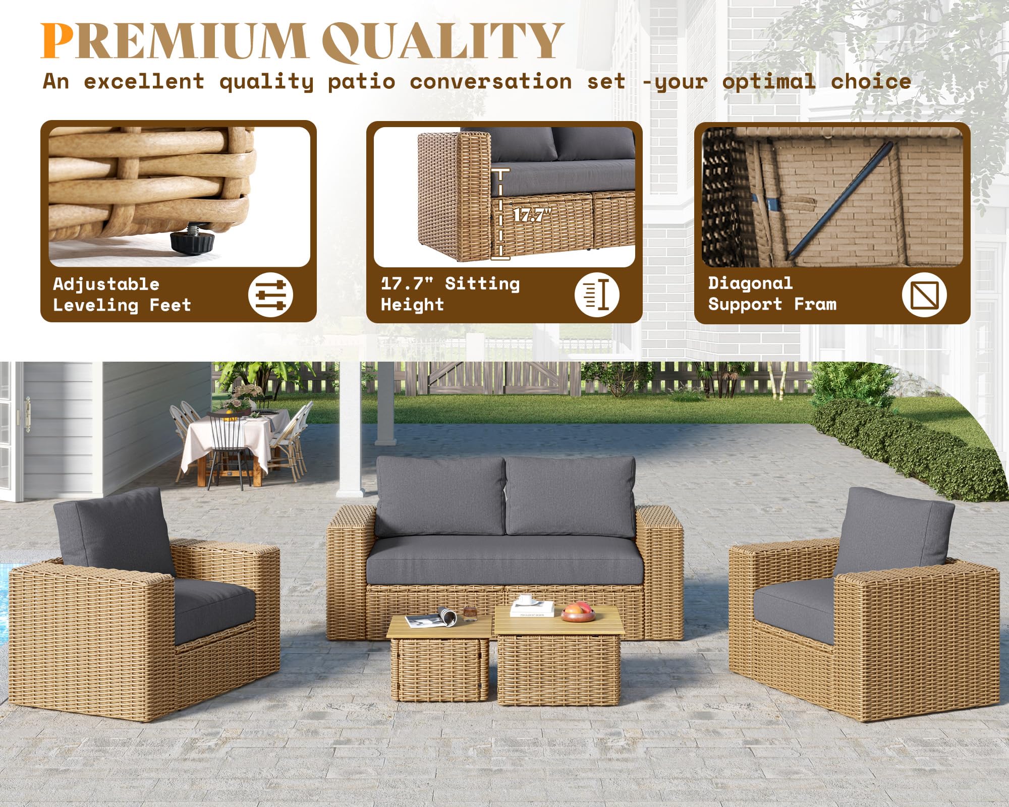 6-Piece Patio Sofa Set with Convertible Coffee Table