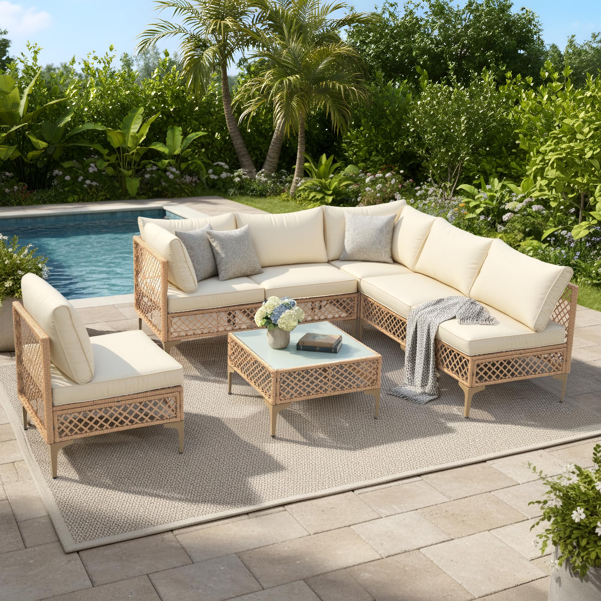7 Piece Patio Wicker Sectional Conversation Set