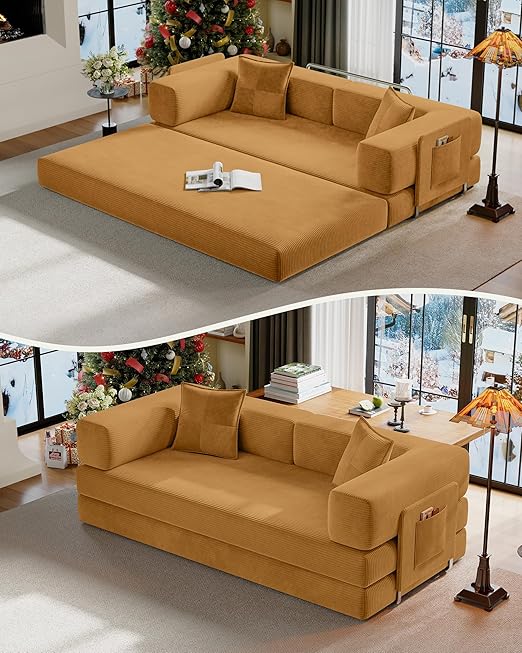 Convertible Futon Sofa Bed with Storage Pocket