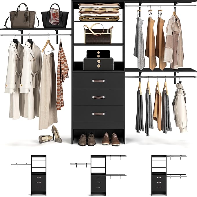 96 Inch Walk-In Closet Organizer System with 3 Shelving Towers and Drawers
