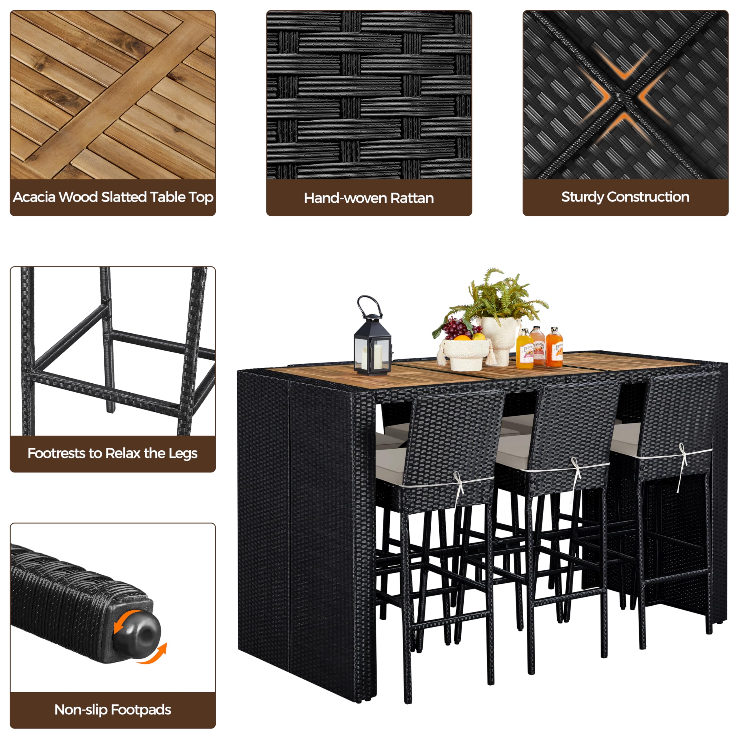 7 Piece Outdoor Bar Set with Acacia Wood Table