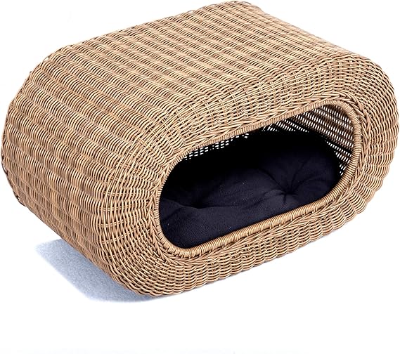 Wicker Cat House with Cushion and Scratch Pad