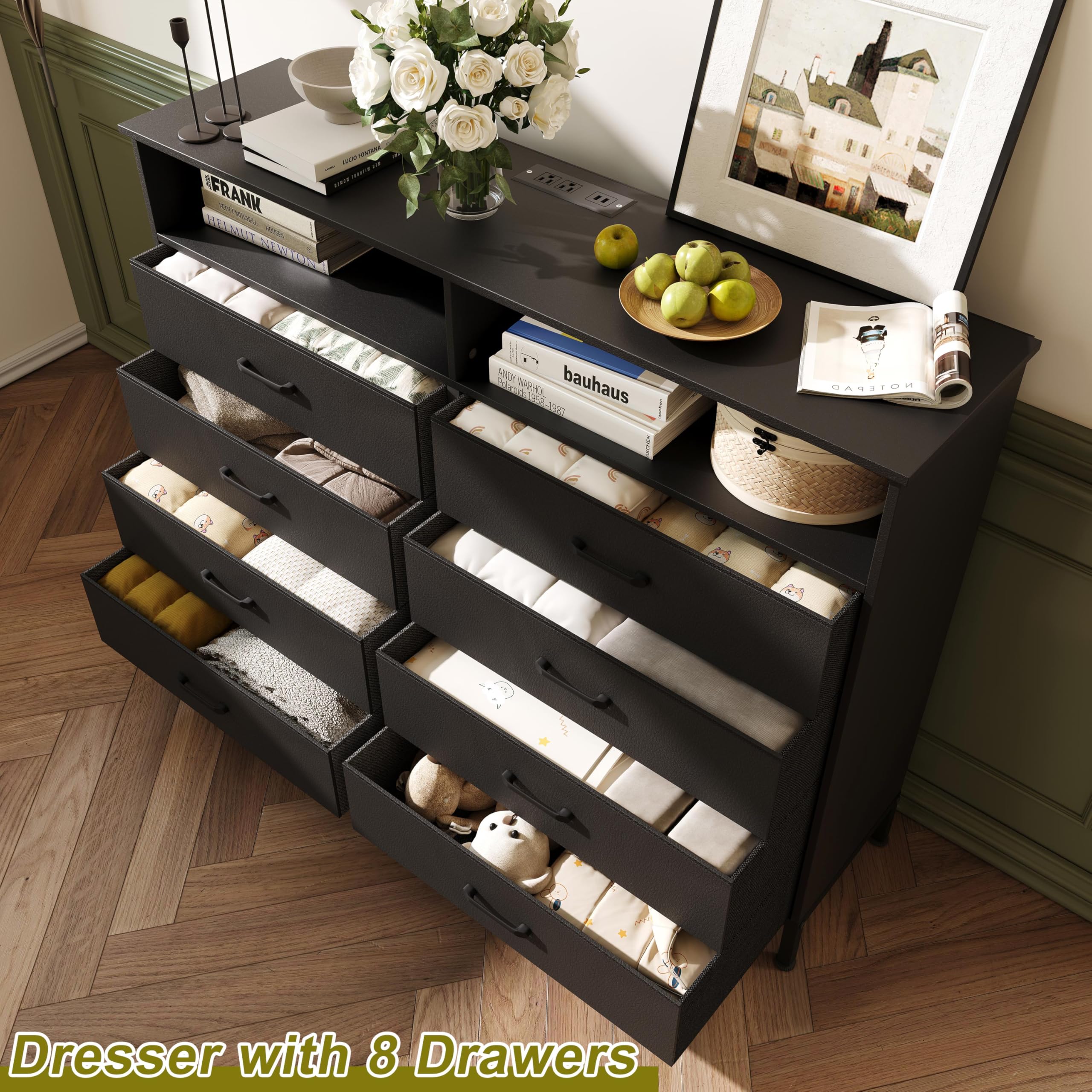 Black Dresser with LED Lights and Charging Station - 8 Drawer Chest