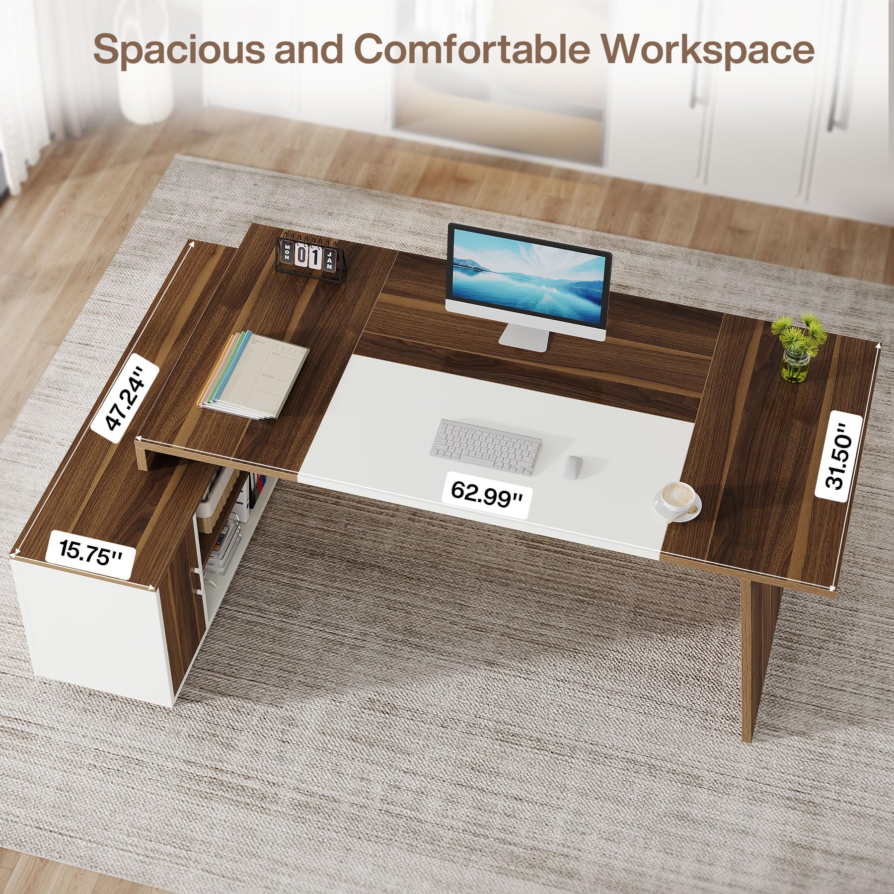 L-Shaped Executive Office Desk with Storage Cabinet and Shelves