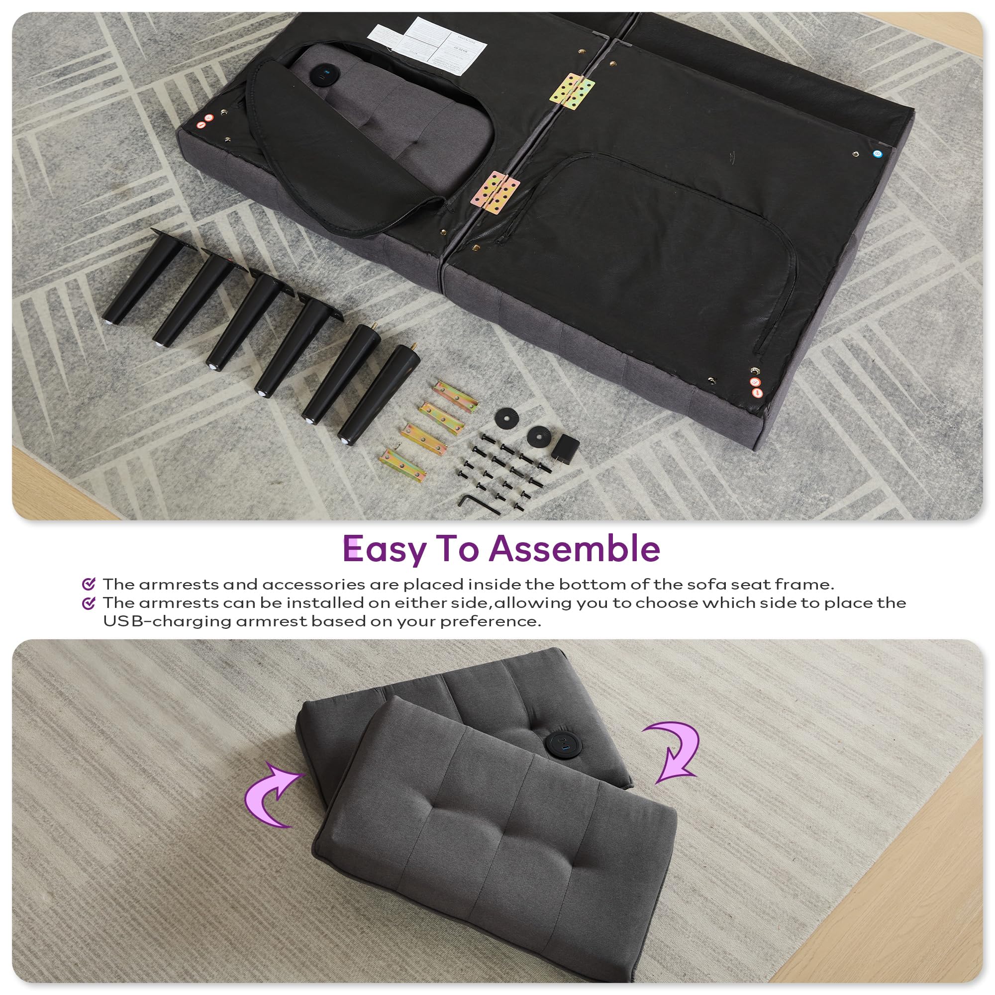 65" Convertible Futon Sofa Bed with USB Ports